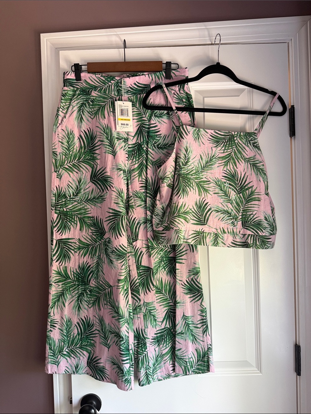 Kensie Pink & Green Palm-Print Wide-Leg Pants with Matching Crop Top